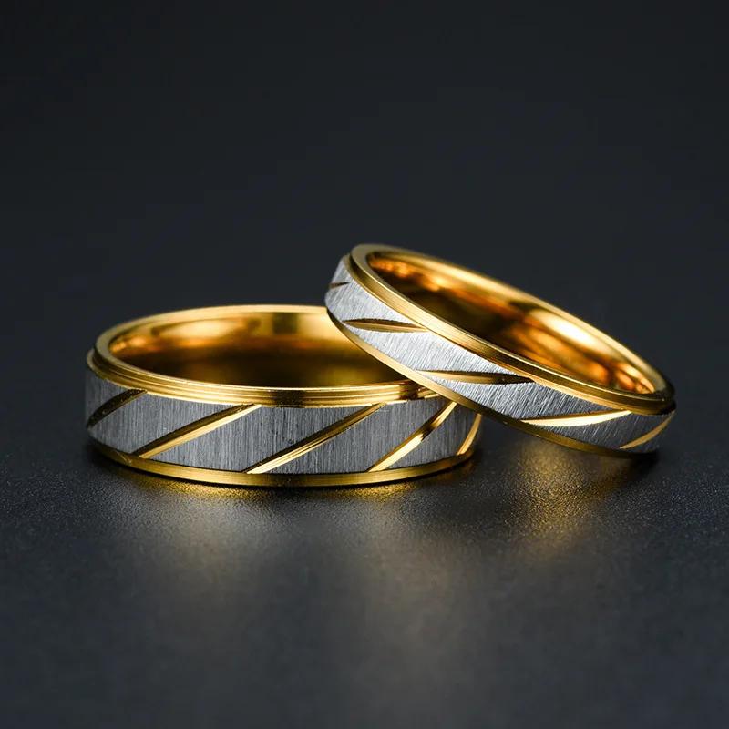 Stainless Steel Gold Color Wave Pattern Couple Ring Titanium Steel Wedding Engagement Ring Promise Ring Zircon Gift
