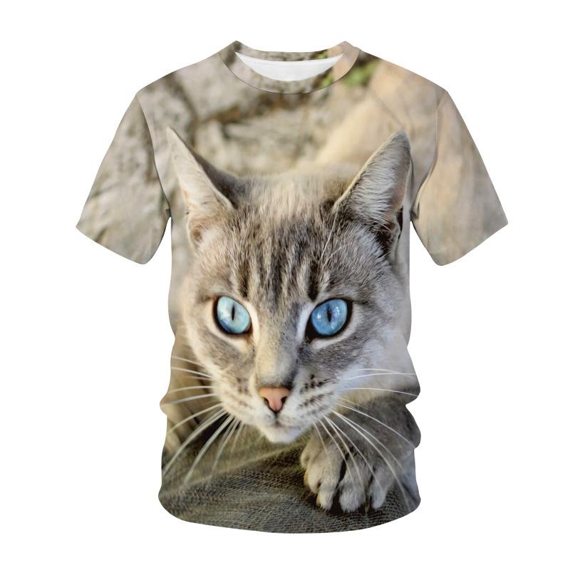 Sommar Rundhalsad 3D Katt Tryckt Topp Trendig Casual Kortärmad Barn Pojk T-shirts