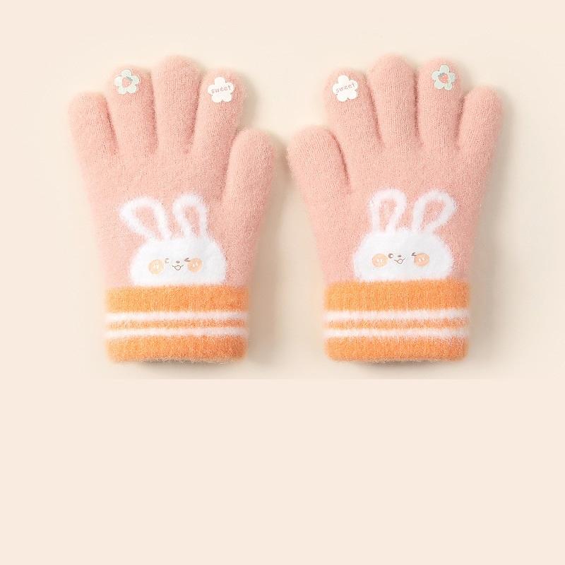 5 Colors Winter Kindergarden Kids Five-Finger Cartoon Knitted Gloves Girls Warm Thickened Plush Gloves Cute Bunny Gloves 3-5Y