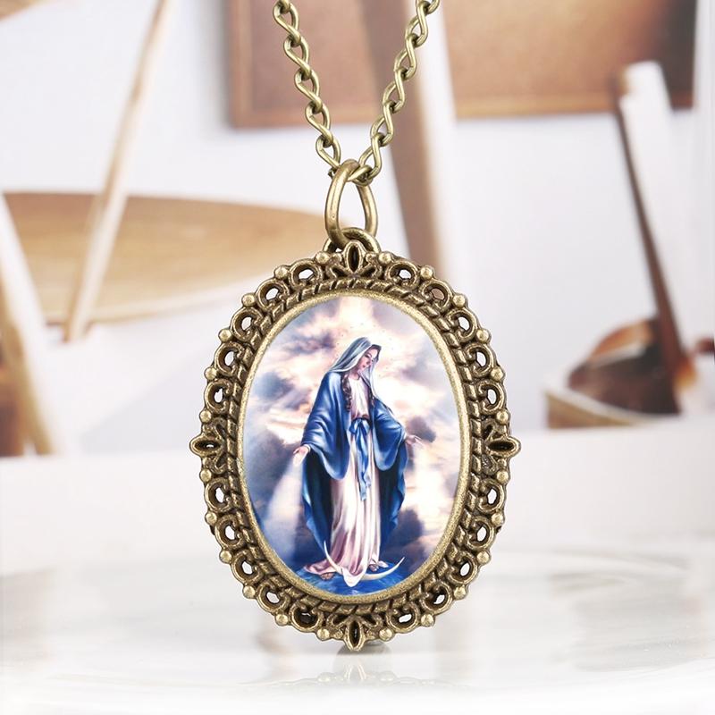 Makellose katholische gesegnete Jungfrau Maria Quarz Taschenuhr Souvenir Anhänger Halskette Uhr Geschenke für Frauen als Sammlerstücke