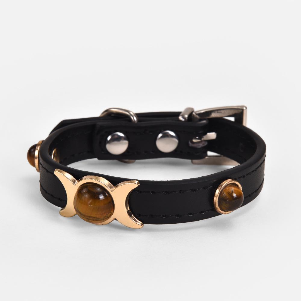 Pet Products Tiger's Eye Stone Dog Collar Alloy Wear-resistant Adjustable Button PU Leather Cat Neck Ring