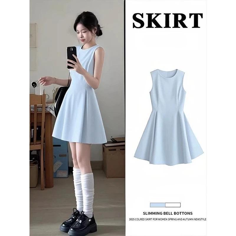Women's Spring Summer Cream White Sleeveless Round Neck A-Line Mini Dress Elegant Casual Versatile Vacation Office Short Dress for Women