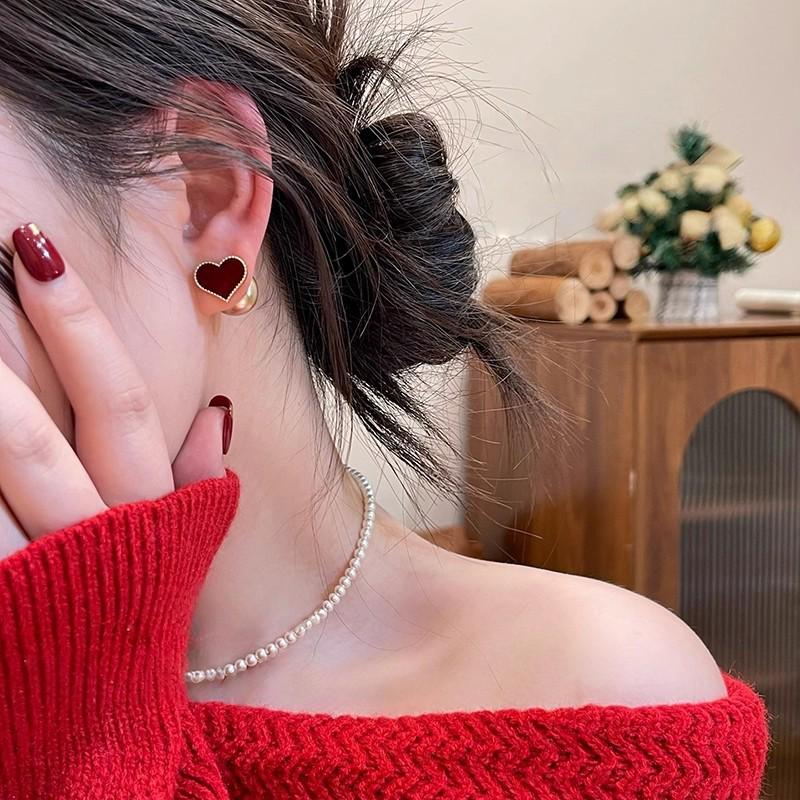Elegant French Red Heart Pearl Stud Earrings - Versatile Two-Way Wear for Women
