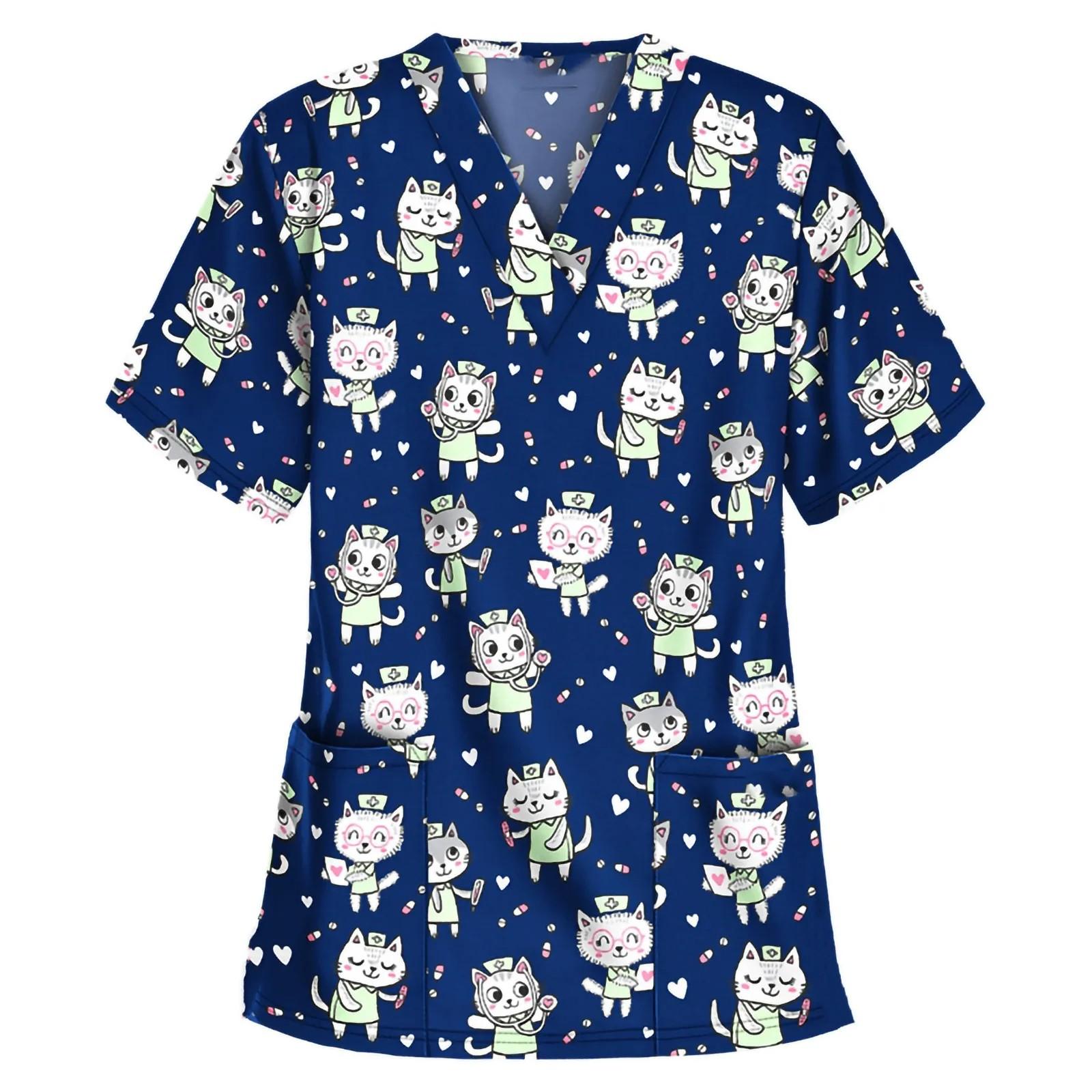 Хирургические костюмы женские скрабы V-образный вырез короткий рукав топы женская медицинская униформа ветеринарная клиническая униформа принт милого щенка мультяшный 8XL