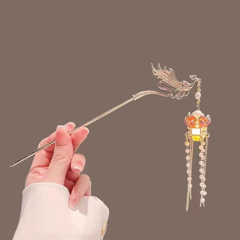 Épingle à Cheveux Fleur Lumineuse Pour Femmes Créative Lotus Émet Lumière Lanterne Gland Bâton à Cheveux Style Chinois Vintage Métal Accessoire de Cheveux
