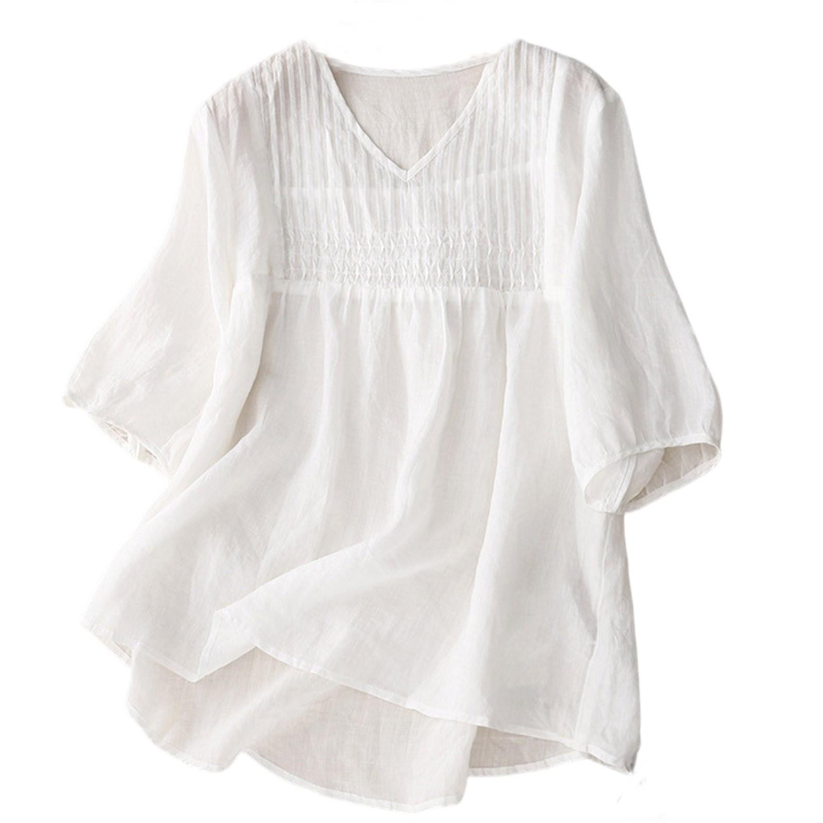 

Women s Solid Color Cotton Linen Five Quarter Sleeve Retro Breathable T-Shirt V-Neck Top L білий