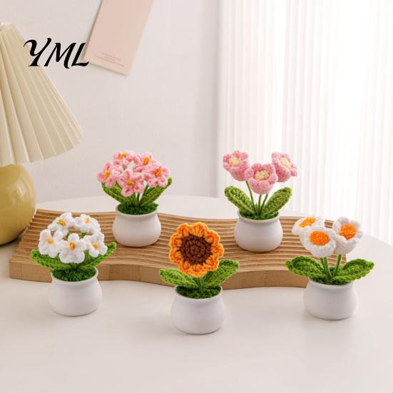 Handmade Yarn Flower Crochet Potted Decoration, Knit Artificial Sunflower Desktop Hand Knitted Plant Decor, Gift for Women, Mom, Teacher, Friend,