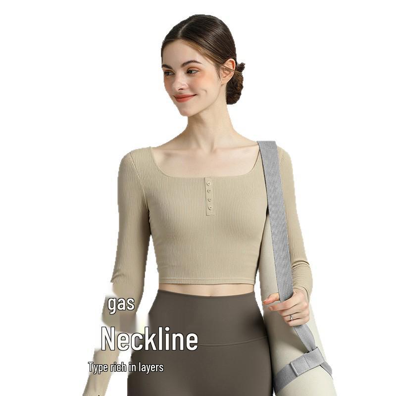 Women's Long Sleeve Yoga Top with Generous Neckline and Chest Pad for Autumn & Winter Workouts