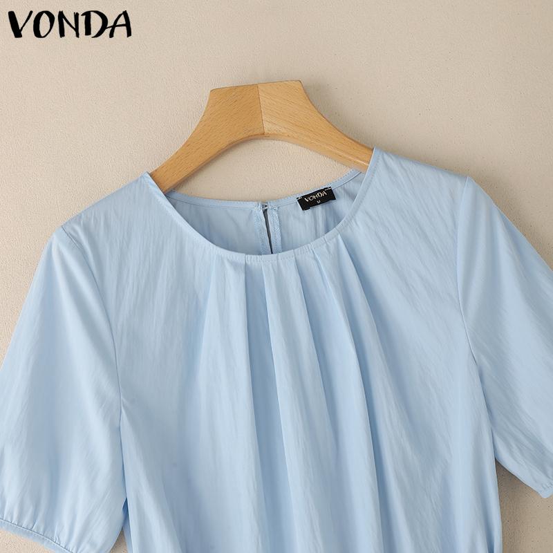 VONDA Women Summer Short Sleeve Lace-up Waist Ruffled Hem Casual Blous