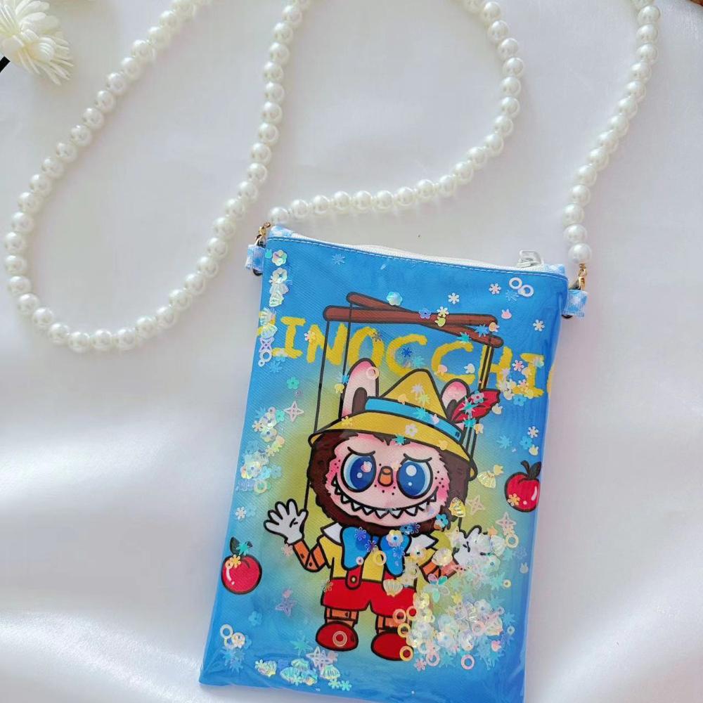 Labubu cartoon print quicksand mobile phone bag coin purse key bag zipper storage crossbody bag KTY