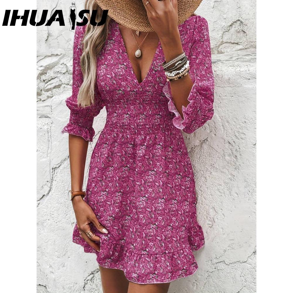 

IHUASU Летние мини-платья с цветочным принтом, женское винтажное сексуальное платье А-силуэта с V-образным вырезом и короткими рукавами, женское повседневное элегантное пляжное платье XXL фиолетовый