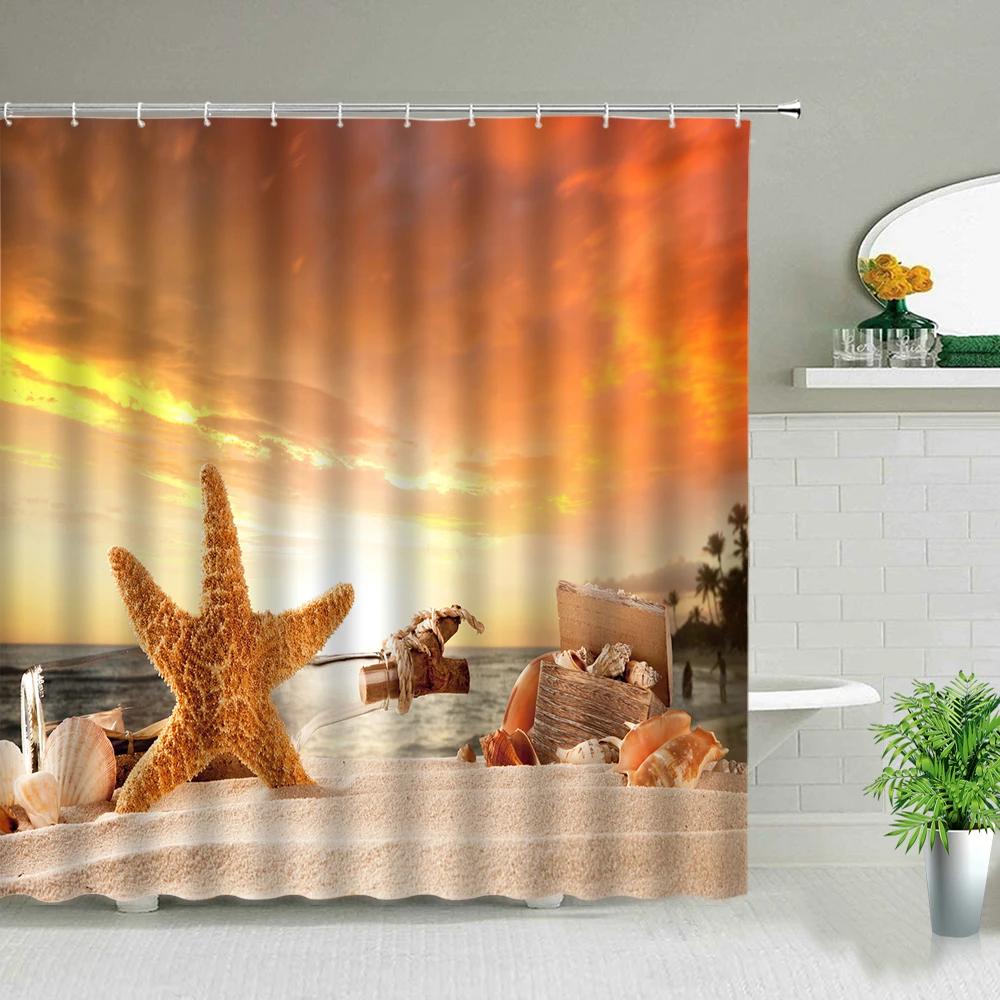 Palm Tree Ocean Scenery Shower Curtains Beach Sea Landscape Waterproof Polyester Fabric Bathroom Decor Bath Curtain with Hooks