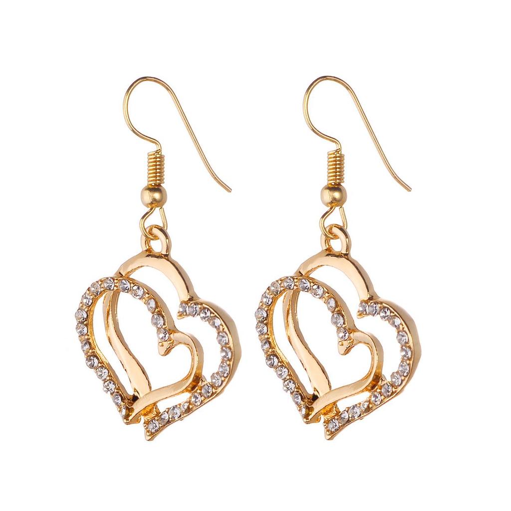 New European and American Style Rhinestone Double Heart Necklace and Earrings Set