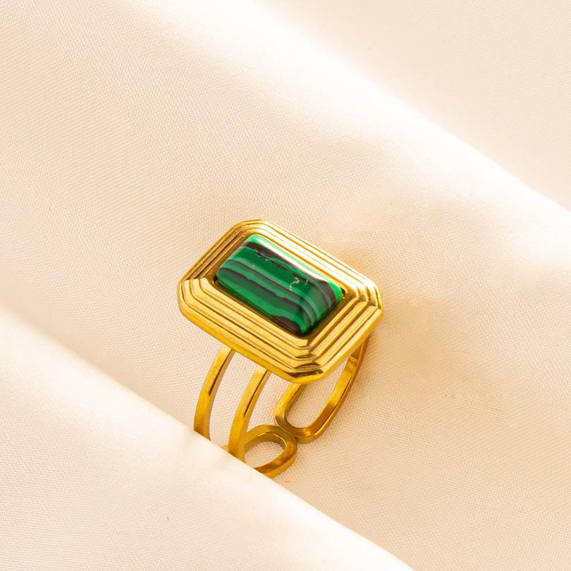 Green Striped Stone Vintage Gold Color Stainless Steel Open Adjustable Rings For Women Men Accessories Finger Jewelry Sun Flower