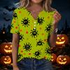 Womens Halloween Print V Neck Short Sleeve T Shirt Button Detail Casual Loose Fit Top for Everyday Wear