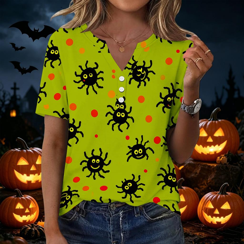 Womens Halloween Print V Neck Short Sleeve T Shirt Button Detail Casual Loose Fit Top for Everyday Wear