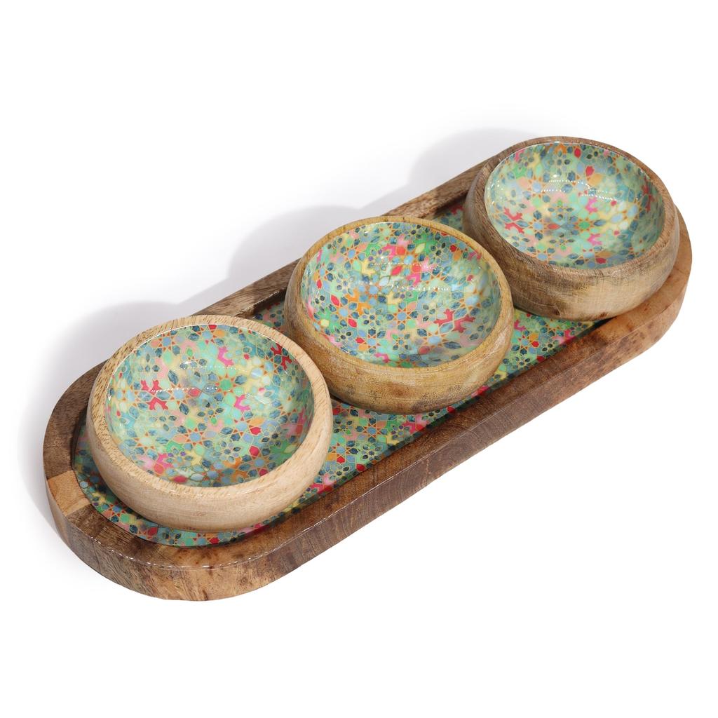 Serving Tray With 3 Ceramic Bowls, Mango Wood
