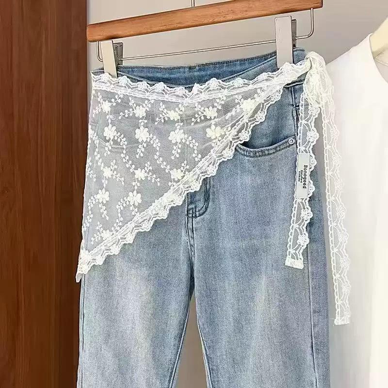 Korean Lace Embroidered Waistband Tulle Skirt with Layered Scarf Accessory