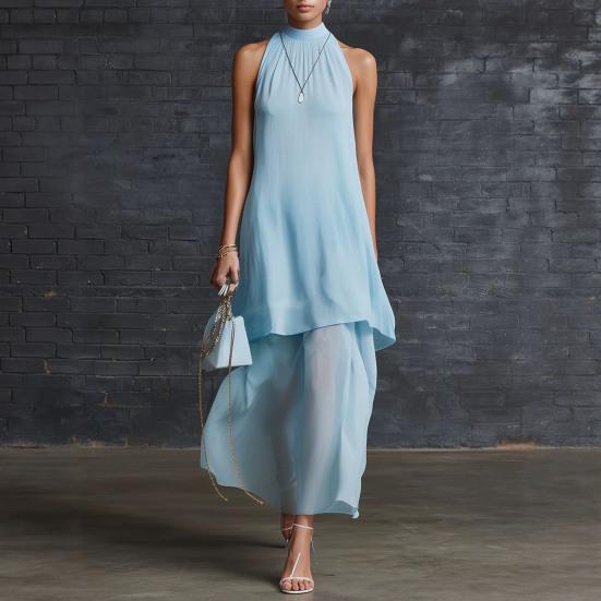 Maxi Abito da Donna Fluido in Chiffon, Senza Maniche con Scollo all'Americana, Abito da Ospite per Matrimonio, Orlo Asimmetrico, Abito da Sera Formale Estivo, Abito da Cocktail