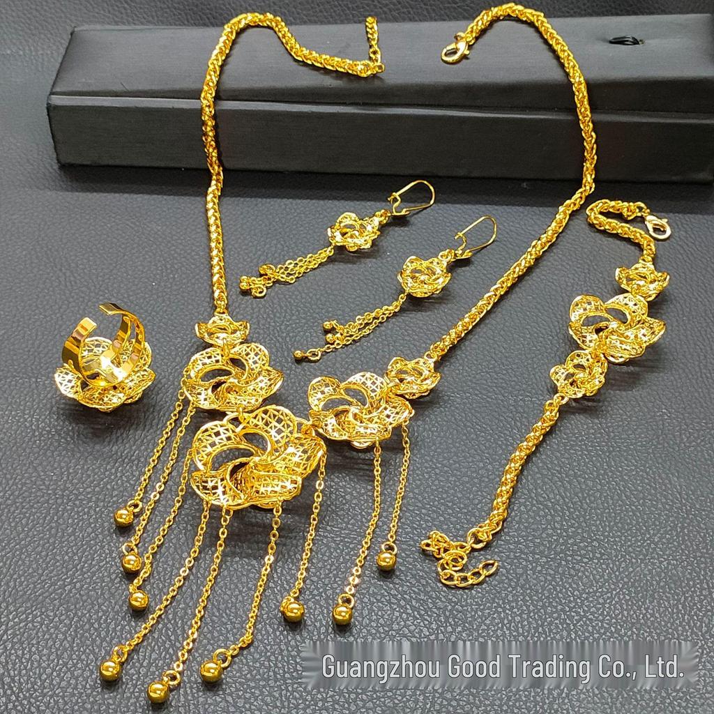 2023 Bestselling 24k Gold Flower Tassel Jewelry Set: Women's Necklace, Earrings, Bracelet & Ring for Weddings