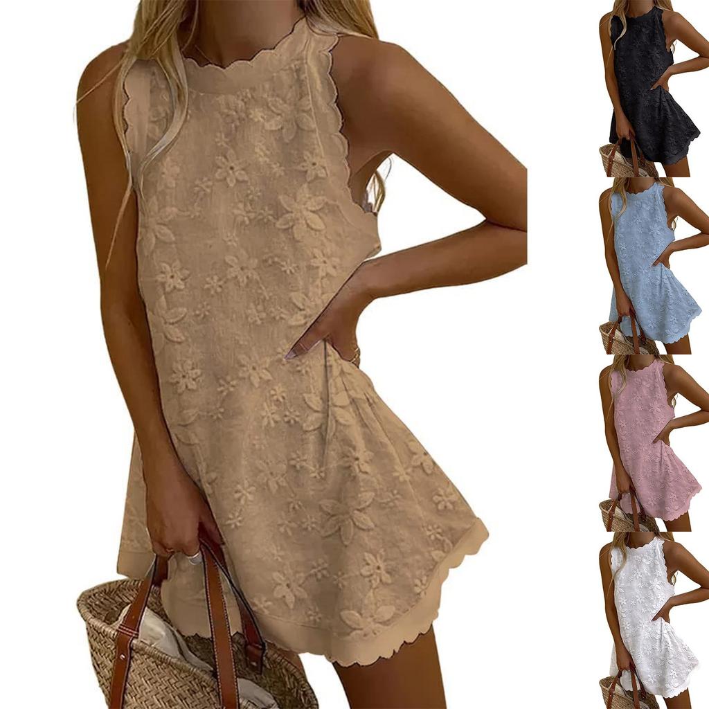 Women's Spring/Summer Solid Scalloped Trim Sleeveless Casual Dress