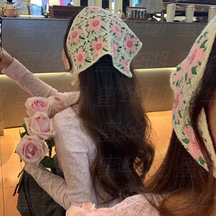 Korean Style Knitted Crochet Triangle Scarf: Women's Sweet Flower Headscarf Hat