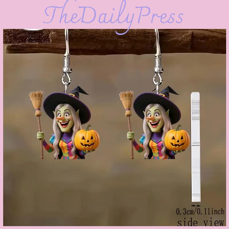 Halloween Theme Witch Broom And Pumpkin Pattern Women Earrings For Women Costume Accessory Gift