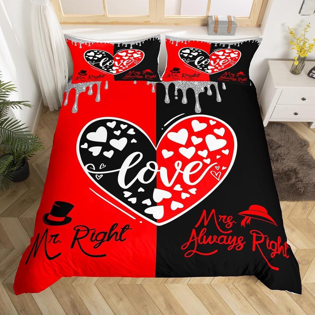Set de lenjerie de pat Mr Mrs Set de husă de pat cu tema nuntă romantică din microfibră Rege pentru Ziua Îndrăgostiților Citate amuzante Husă de pilota cu inimă de dragoste