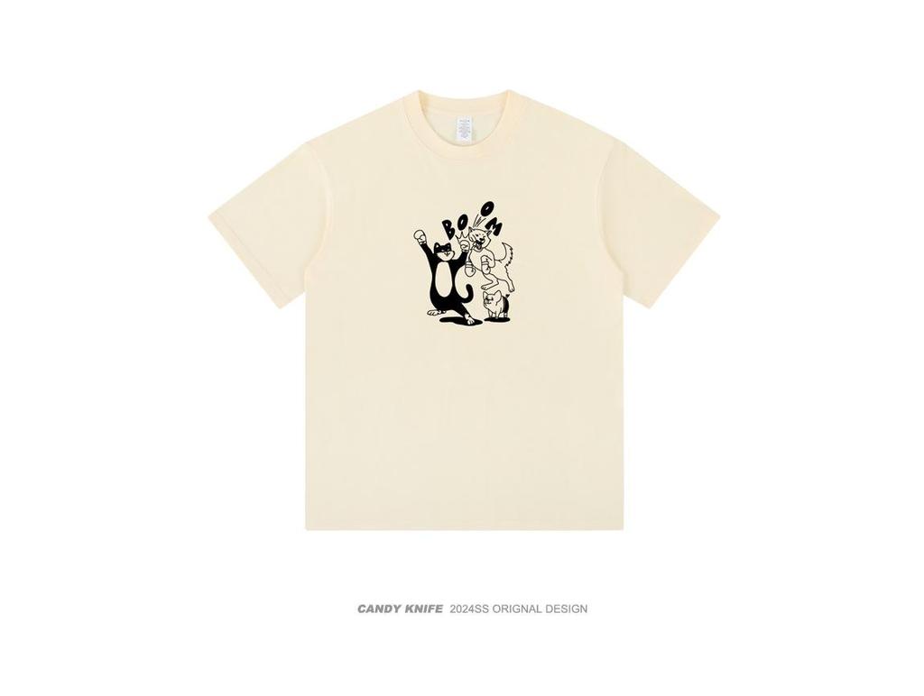 Unisex 2024 Summer Retro Cat Cartoon Boxing T-Shirt, Pure Cotton, Loose Fit