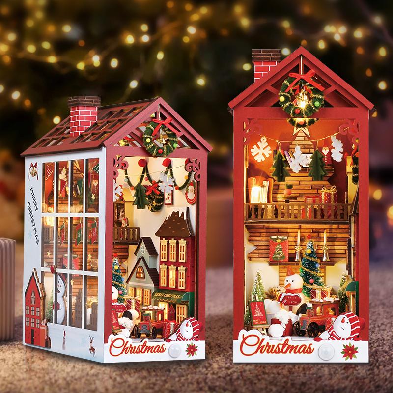 DIY Book Nook Kits Wooden Doll House Christmas 3D Puzzle Assembly Building Model Bookshelf Insert Decor With Furniture Xmas Gift