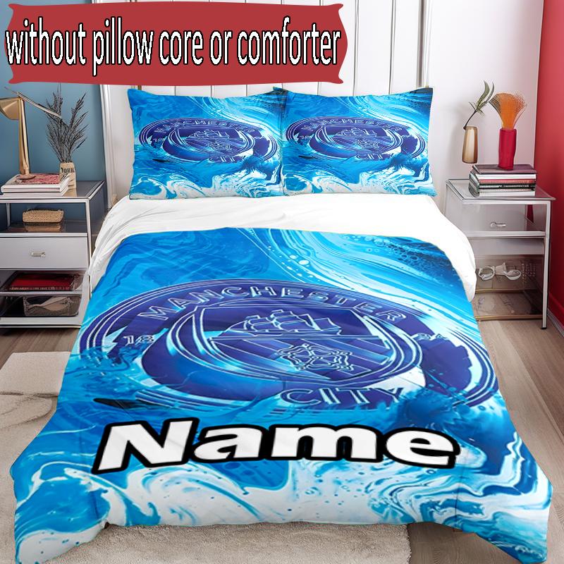 3pcs Duvet Cover Set (1*Duvet Cover + 2*Pillowcase, Without Core), Custom Name Manchester City FC Pattern Bedding Set, Home Bedroom Decor Gift