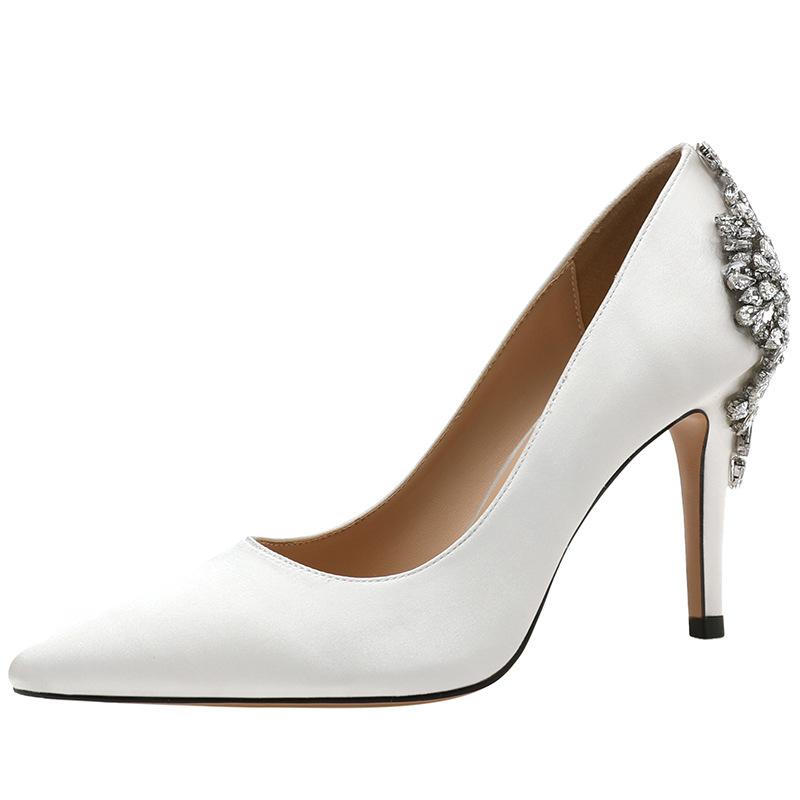 2025 New Pointed Thin Heels High Heels Satin Surface Large Rhinestone Buckle Women's Single Shoes Wedding Shoes Bridesmaid Rhinestone Fashion Shoes