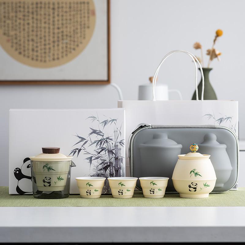 Panda Suet Jade Porcelain Kung Fu Travel Tea Set Outdoor Portable