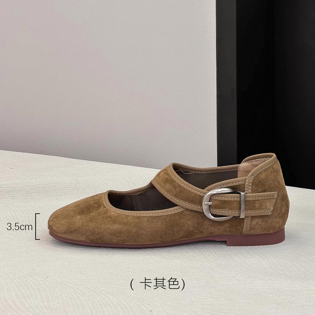 Korean Version Round Head Light Mouth Shoes Suede Ballet Shoes Spring Buckle Belt Mary Jane Flat Bottom Evening Shoes Ladyshoes 26-5