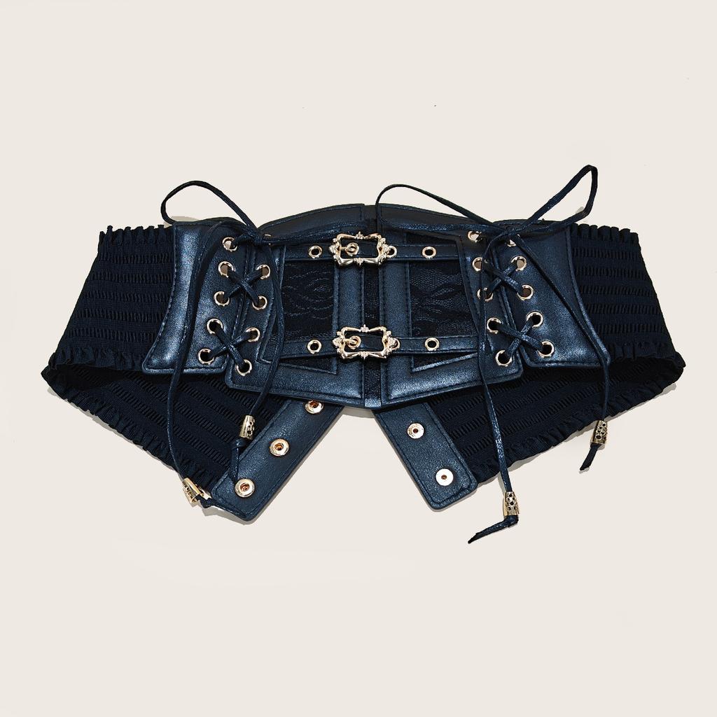 Lace Corset Punk Black Wide Belt With Chain Pu Leather Slimming Body Belts for Women Elastic High Waist Belt Female Cummerbunds