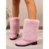 Women's Plus Size New European American Style Furry Patchwork Chunky Heel Round Toe Western Cowboy Knee High Boots