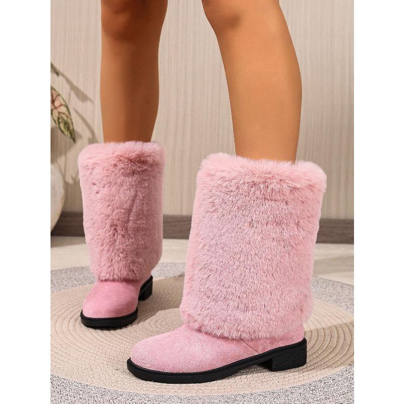 Women's Plus Size New European American Style Furry Patchwork Chunky Heel Round Toe Western Cowboy Knee High Boots