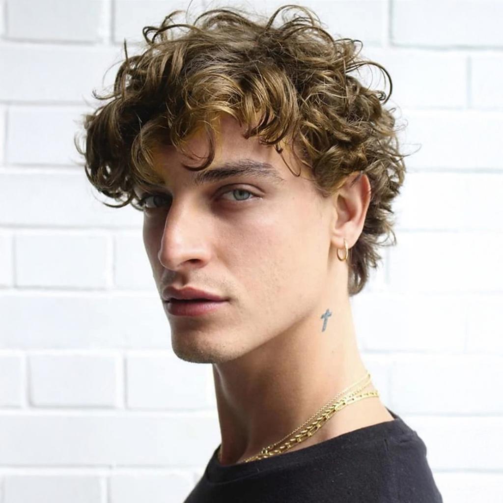 Men's Wig Short Fluffy Brown Rocker Wigs Long Bangs Naturally Curl Fake Hair Replacement For Men Boys Daily Use Hair Styling
