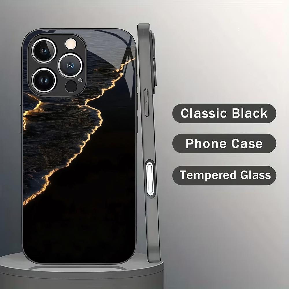 Black Gold Wave Shadow Glass Phone Case Suitable for iPhone 17 16 15 14 13 12 11Pro/Max/Plus Anti Drop and Anti Shock Back Cover