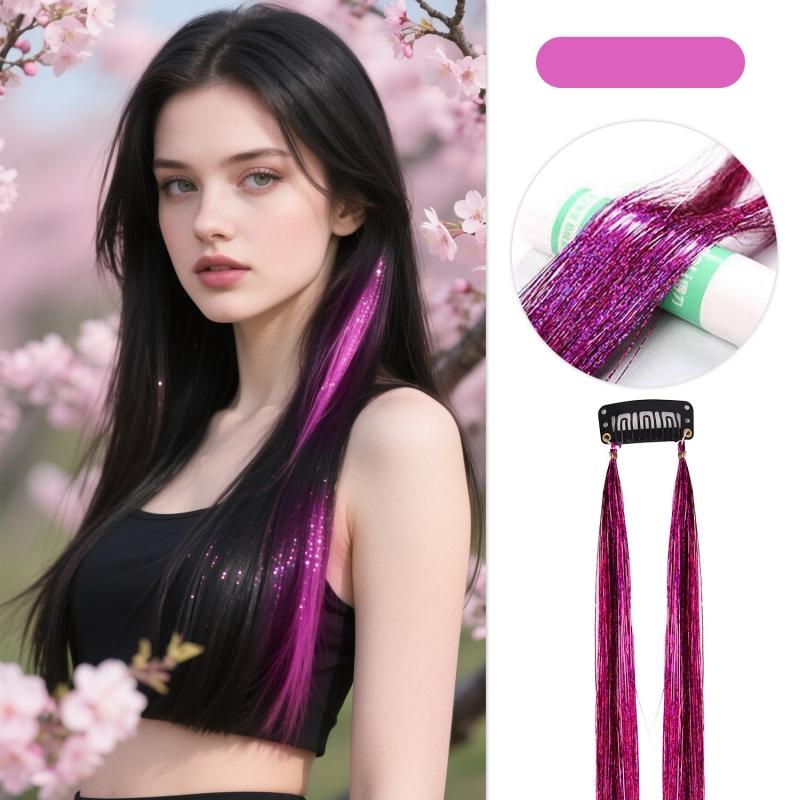 2pcs/set Laser Silk Colorful Hair Piece Extension Colorful Fake Hair Clip in One Piece Hairpiece Colorful Holographic Hair Tinsel Glitter Fairy