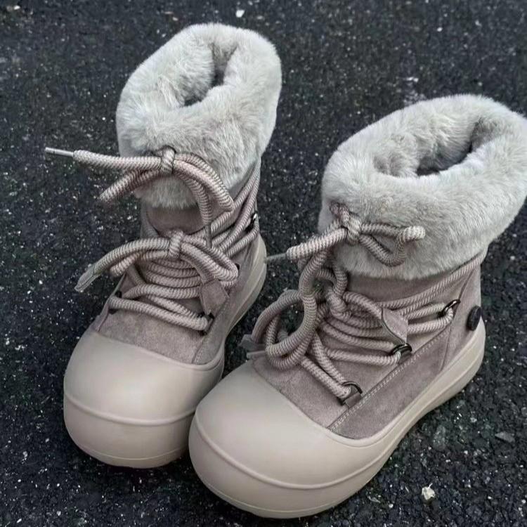 

Thick-soled warm round-headed short boots women s Northeast cotton shoes 2025 winter new lace-up piled thickened lace-up snow boots 40 серый