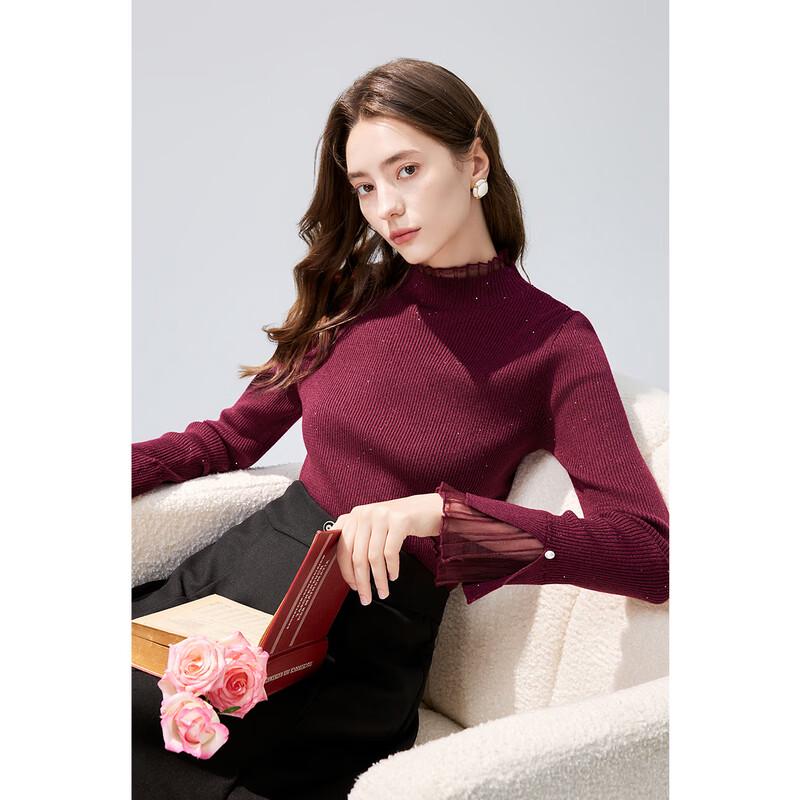 Elegant Mesh Panel Semi-High Neck Knit Top