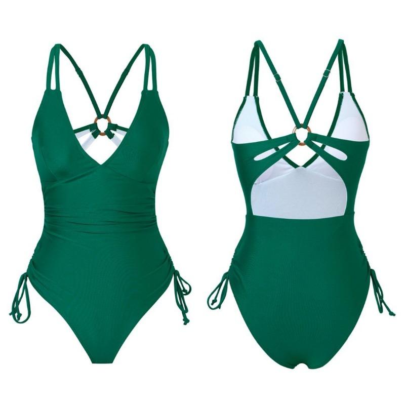 Damen Unifarben Grün Neckholder Badeanzug - Bauchkontrolle Raffung Badedress