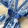 Luksusowa Niebiesko-Biała Porcelanowa Sukienka Maxi Bez Rękawów z Dekoltem V dla Kobiet Elegancka Letnia Sukienka A-Line z Wysokim Stanem Modelująca Sylwetkę