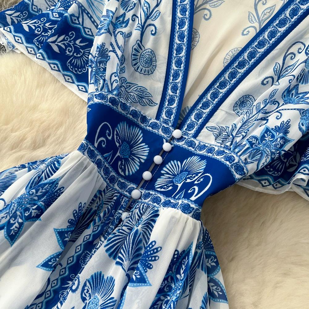 Luksusowa Niebiesko-Biała Porcelanowa Sukienka Maxi Bez Rękawów z Dekoltem V dla Kobiet Elegancka Letnia Sukienka A-Line z Wysokim Stanem Modelująca Sylwetkę