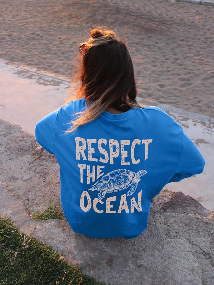 Respect The Ocean Green Turtle T-Shirts Women Casual Fashion Tshirt Breathable Short Sleeve O-Neck Street Clothing