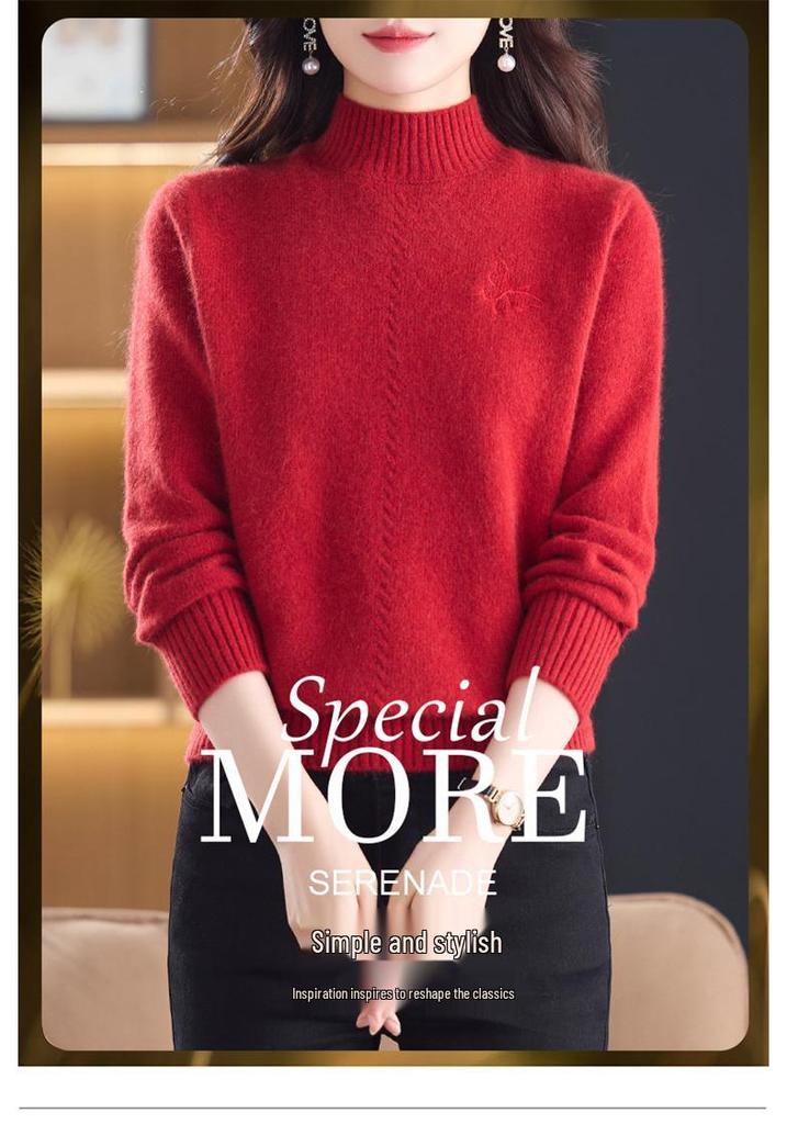 Women's Warm Cashmere Sweater with Embroidered Half-High Collar - Autumn/Winter Fashion Base Layer