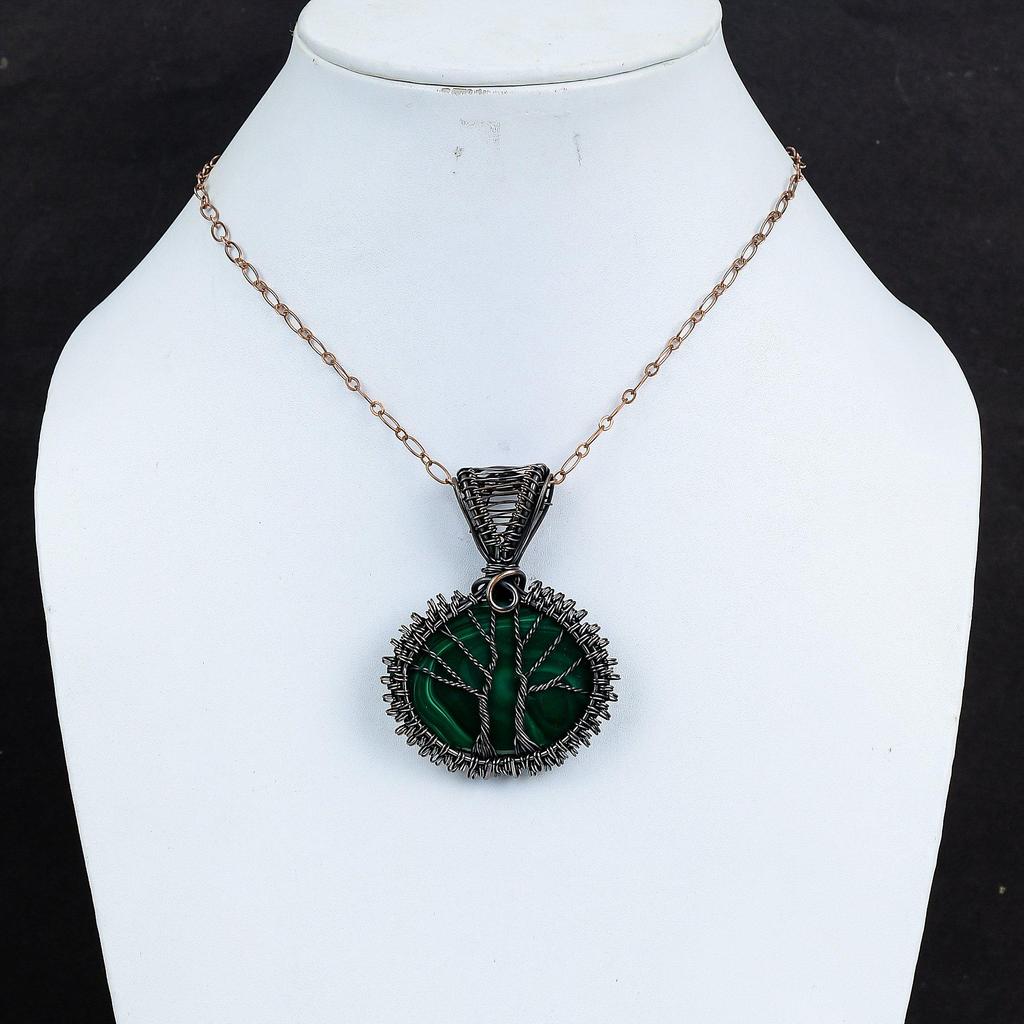Double Tree Of Life Malachite Gemstone Copper Wire Wrap Beauteous Handmade Jewelry Pendant For Her
