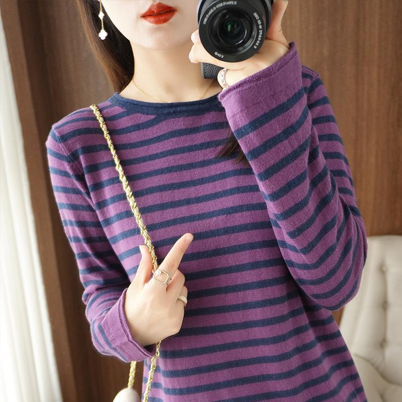 Women Sweater Curled O-neck Strip Pullover Autumn Spring Casual Knit Clothing Fashion Soft Bottoming Sweater Tops