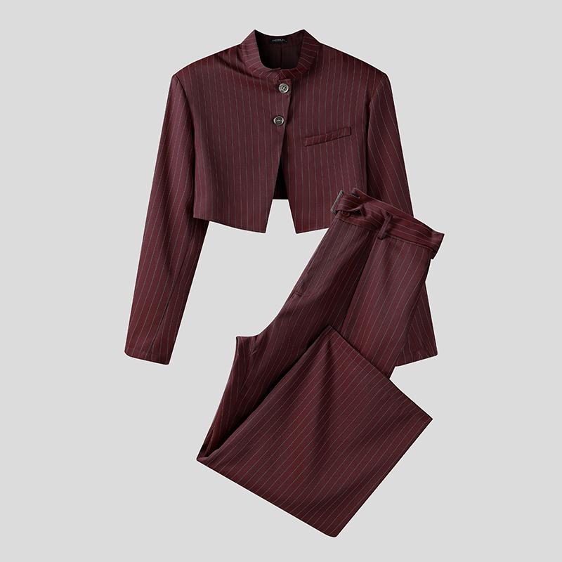 INCERUN Men Striped Outfits Stand Neck Long Sleeve Crop Tops Zip-Up High Waist Long Pants Sets